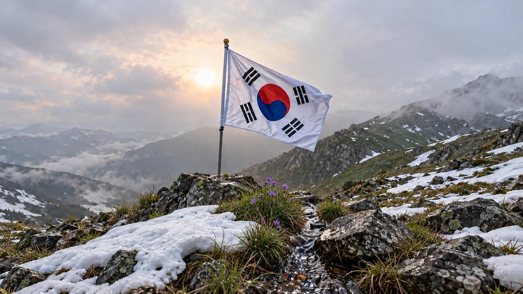 산 정상의 태극기